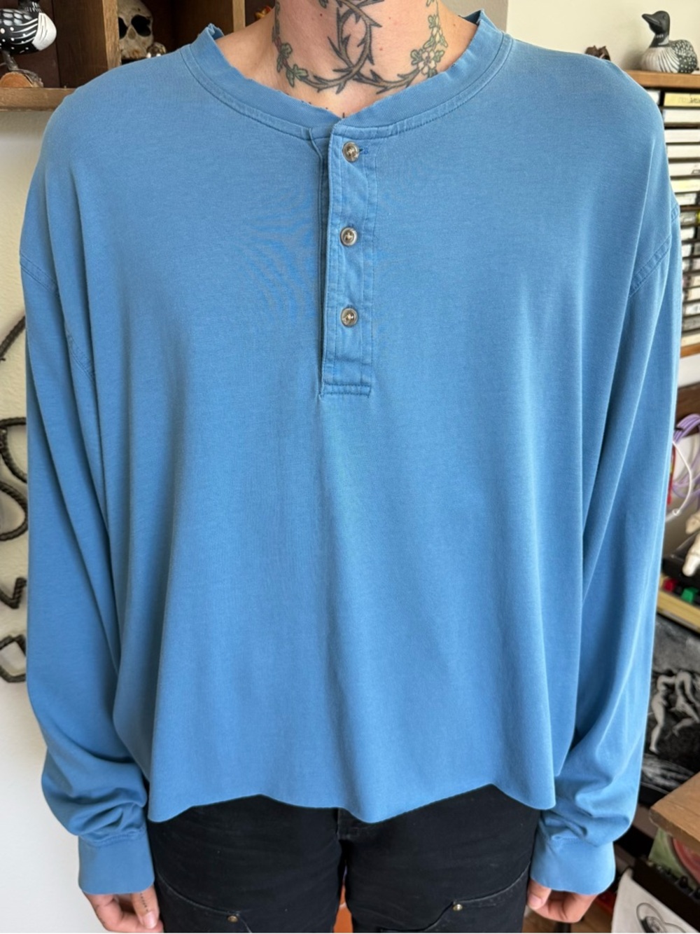 LL Bean Light Blue Cropped Boxy Henley Long Sleeve Tee ~ Size XL